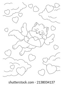Cupid cat carries a love letter. Coloring book page for kids. Valentine's Day. Cartoon style character. Vector illustration isolated on white background.