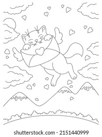 Cupid cat carries a love letter. Coloring book page for kids. Valentine's Day. Cartoon style character. Vector illustration isolated on white background.