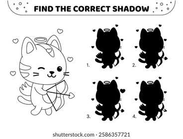 Cupid cat. Find the correct shadow. Black and white. Shadow game. Isolated vector illustration eps 10