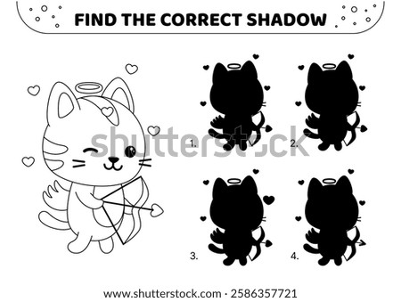 Cupid cat. Find the correct shadow. Black and white. Shadow game. Isolated vector illustration eps 10