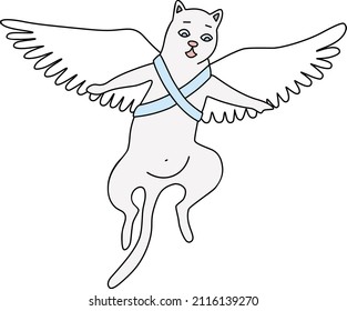 Cupid cat flying on wings isolated on white background. Vector illustration
