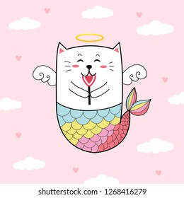 Cupid cat mermaid for valentines day with pink background,much love