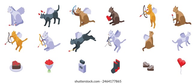 Cupido Vector de gato. Una colección de gatos con varias poses y acciones, incluyendo un gato sosteniendo un arco y una flecha y otro gato sosteniendo un libro