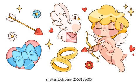 Cupid character, golden rings and love gifts set isolated on white background. Contemporary vector cartoon illustration of Valentine Day symbols, baby angel with arch, heart gift box, dove with letter