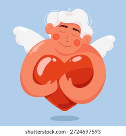 Cupido personaje abrazando un gran corazón rojo, concepto de amor propio. Elemento de diseño para el día de San Valentín. Puede ser utilizado para la tarjeta, impresión, Anuncio, folleto. Ilustración vectorial
