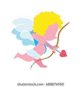 Cupid character. Little baby cupid character aiming with arrow of love icon. Cherub shooting with bow isolated on white background. Valentine Day symbol vector illustration
