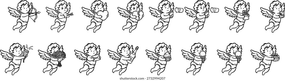 Cupid Character Set for Valentine’s Day: Cute Little Angel Collection Featuring Love, Broken Heart, Gifts, Flowers, and Celebration Icons – Hand-Drawn Black and White Line Art Vectors