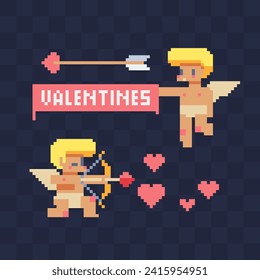 Cupid-Charaktere, Valentinstag-Urlaubselemente. Bildsymbole für Pixel. Grußkarte, Banner oder Einladung Design Element. Aufkleber-Design. Einzige Vektorgrafik.