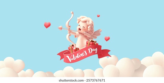 Cupid, cheerful cupid, sky, clouds, red ribbon with greeting, 3D. Happy Valentine's Day. Modern beautiful banner. Vector