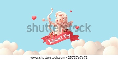 Cupid, cheerful cupid, sky, clouds, red ribbon with greeting, 3D. Happy Valentine's Day. Modern beautiful banner. Vector
