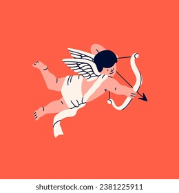 Cupido o cherub con arco y flecha. Carácter volador lindo. Dibujo a mano a la moda ilustración Vector. Elemento de diseño aislado. Día de San Valentín, concepto de vacaciones románticas. Logo, icono, plantilla de impresión