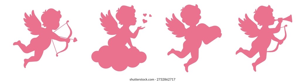 Cupid cherub flying with bow and arrow, sitting on cloud blowing kisses, holding heart, and blowing trumpet. Valentine's Day elements silhouette set