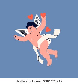 Cupid or cherub with hearts. Cute flying character. Hand drawn trendy Vector illustration. Isolated design element. Valentine's Day, romantic holiday celebration concept. Logo, icon, print template