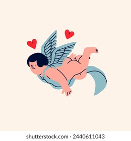 Cupid or cherub with hearts. Cute flying character. Hand drawn trendy Vector illustration. Isolated design element. Valentine's Day, romantic holiday celebration concept. Logo, icon, print template