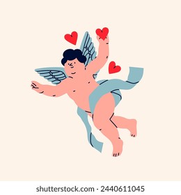 Cupid or cherub with hearts. Cute flying character. Hand drawn trendy Vector illustration. Isolated design element. Valentine's Day, romantic holiday celebration concept. Logo, icon, print template