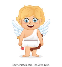 Cupid Chibi character vector in 2d cartoon cute style blonde hair and wings handling a bow of love perfect for valentine design asset of illustration for cover of kids book