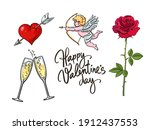 Cupid, clinking glasses of champagne, red rose, heart pierced by arrow, Happy Valentine's Day handwritten text. Set of design elements for Valentines Day. 
 Vector illustration isolated on white.