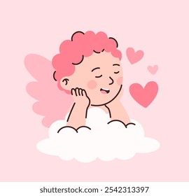 Cupid in the clouds. Image for Valentine's Day. Flat vector illustration.