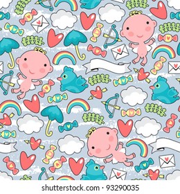 Cupid with clouds seamless pattern.Vector texture for the Valentine`s day.