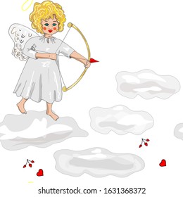 Cupid in the clouds. Vector seamless pattern with cupid and heart.