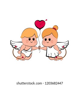Cupid couple with a heart shape balloon. Valentine day. Vector illustration design