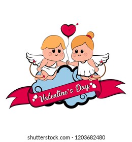 Cupid couple with a heart shape balloon. Valentine day. Vector illustration design