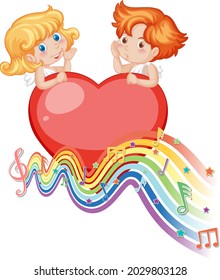 Cupid couple on big heart with melody symbols on rainbow wave illustration
