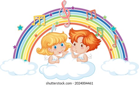Cupid couple on the cloud with melody symbols on rainbow illustration