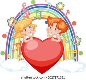 Cupid couple on the cloud with melody symbols on rainbow illustration
