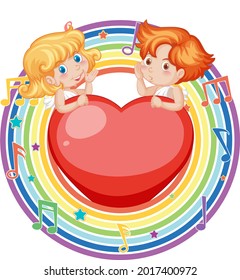Cupid couple in rainbow round frame with melody symbol illustration