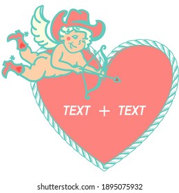  Cupid Cowboy Valentines day. Vector Love Angel with cowboy boots and cowboy hat illustration for text isolated on white for card, print or design