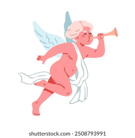 Cupid, cute cherub with wings, flying and playing music tube. Happy boy angel, baby character celebrating Valentine Day and romantic love. Flat vector illustration isolated on white background