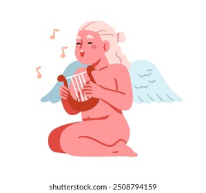 Cupido, linda chica querubín cantando canción, tocando música en el arpa. Ángel alado feliz, carácter del niño que celebra el día de San Valentín, boda y amor. Ilustración vectorial plana aislada sobre fondo blanco