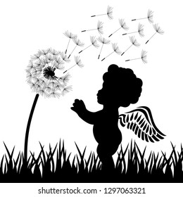 cupid and dandelion flower 