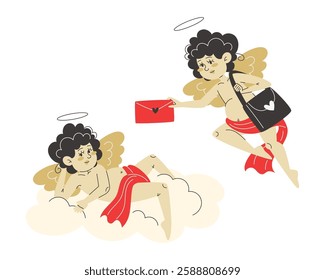 Cupid delivers a love letter to another Cupid resting on a fluffy cloud