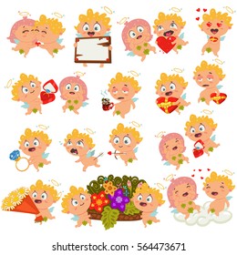 Cupid with different emotions, with arrow, red heart ring box, ribbon banner, chocolate and more. Vector Valentine's Day set. Collection of cute cartoon characters for a holiday.