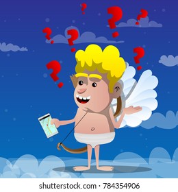 Cupid do not know where is he. Vector cartoon character illustration.