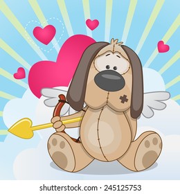 Cupid Dog with a bow on a background of clouds and hearts 