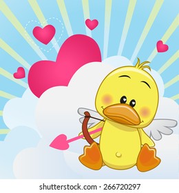 Cupid Duck with a bow on a background of clouds and hearts 