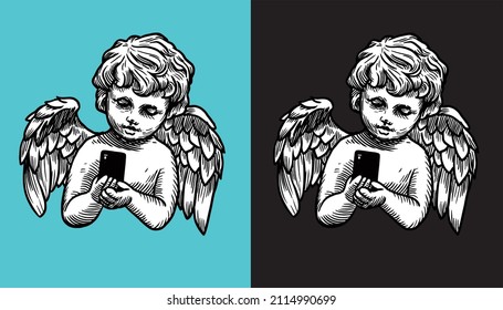cupid engraving vector illustration. angel with phone hand drawing eps
