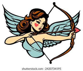 cupid female angel skillfully drawing bow and arrow red heart mark on cheek winged character with blue wings and brown hair artistic hand drawn vector illustration isolated on white background