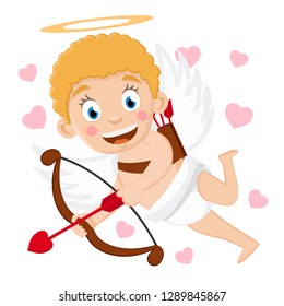 Cupid flies with a bow and arrows and smiles on a white.