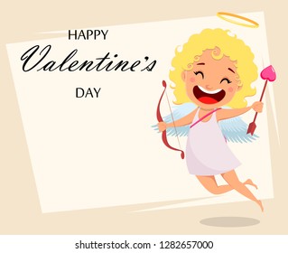 Cupid flies and holds love bow and arrow, cute girl cartoon character. Happy Valentines Day greeting card. Vector illustration