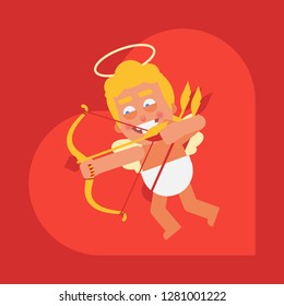 Cupid flies and shooting bow. Cartoon character. Valentine card. Vector Illustration.