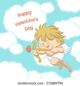 Cupid flying among heart shaped cloud, aiming with bow and arrow with one eye close and stick-out tongue to celebrate Valentine's day in cartoon style