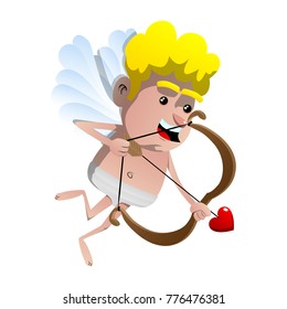 Cupid flying with bow and arrow, aiming to something or someone. Vector cartoon character illustration.