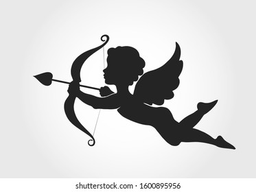 Cupid Flying With Bow And Arrow. Love Symbol. Isolated Vector Silhouette Image