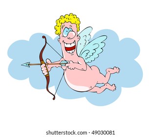 Cupid is flying in the clouds with a bow and arrows