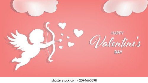 Cupid flying and holding arrow. Happy Valentine's day text.