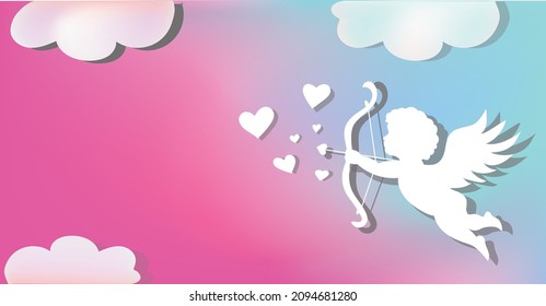 Cupid flying and holding arrow. Happy Valentine's day text. Bicolor background.